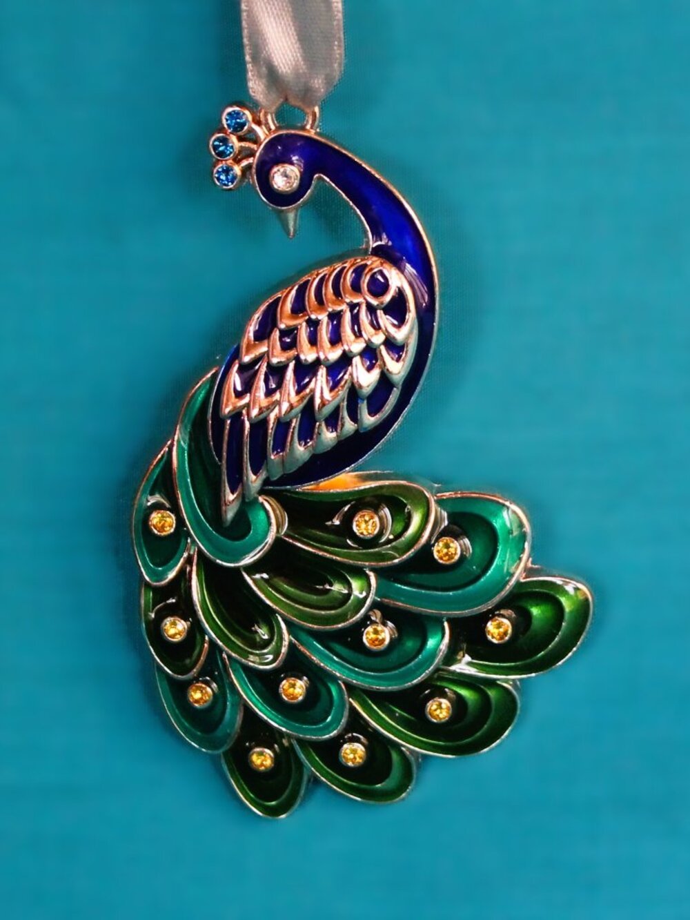 Harvey Lewis Peacock Bird Christmas Ornament Blue Green Enamel Swarovski Crystal